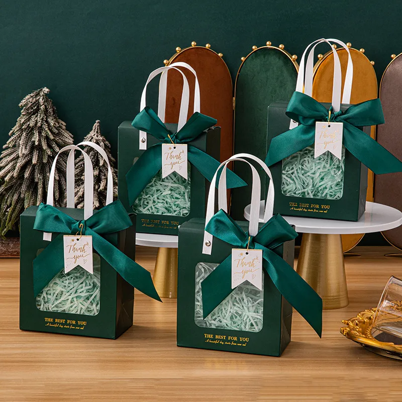 Elegant Dark Green Ribbon Gift Bag | Transparent Window Packaging | Birthday & Festival Gift Bag - Image 2