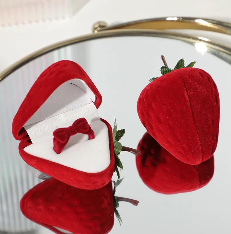 Adorable Red Strawberry Flocking Ring Box | Cute Fruit Shape | Ring & Small Jewellery Storage Gift Box