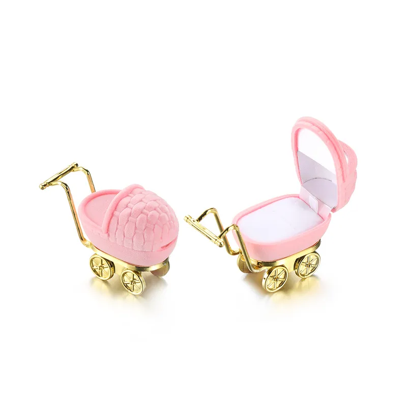 Adorable Baby Carriage Flocking Velvet Jewellery Box Cute Pram Shape Ring Earring Storage Gift Box