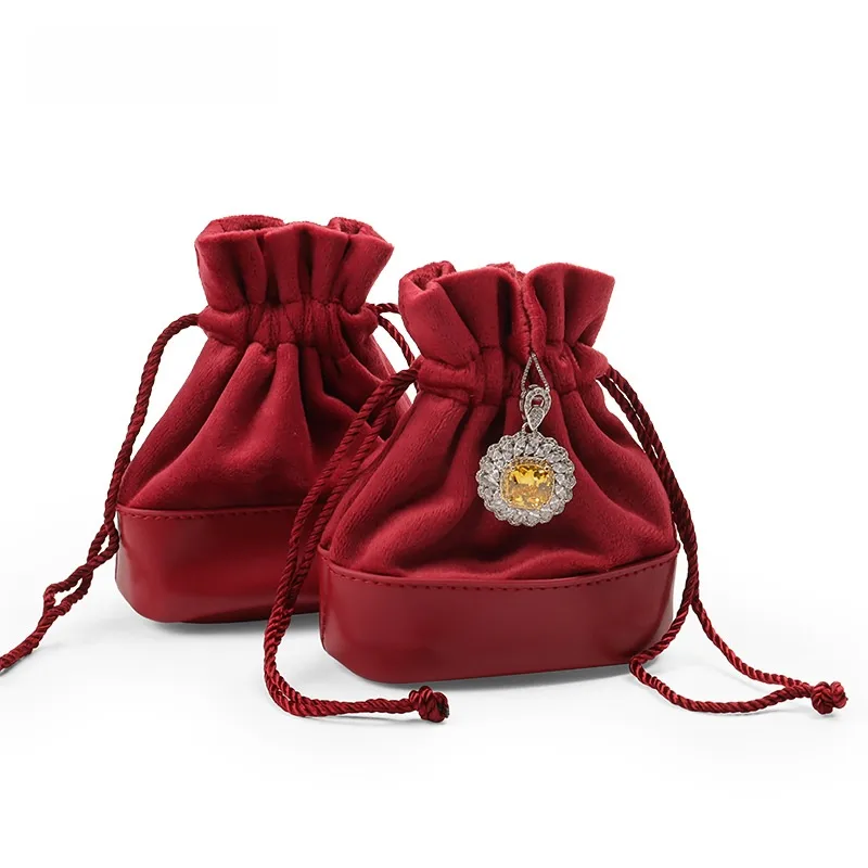 Lush Velvet Drawstring Jewellery Pouch Ring Earphone Accessories Storage Maroon & Green Gift Bag