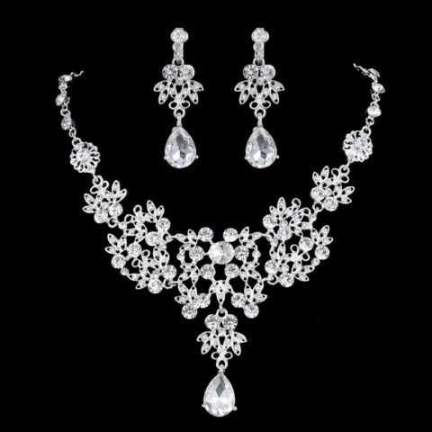 Fashion Water Droplets Flower Alloy Rhinestones Women’s Earrings Necklace - Jewellery - Image 2