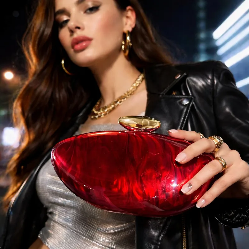 Coffee Rose Red White Marble Oval Evening Bags - Image 3