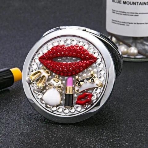 Red Lip Lipstick Bag Double-sided Portable Cosmetic Mirror - Metal | Fashion jewellery | Divine Aura Jewels