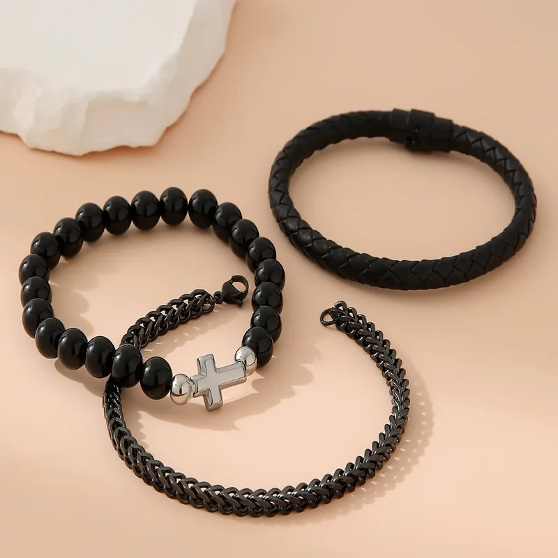 men's multi-layered black bracelet stack - Image 3
