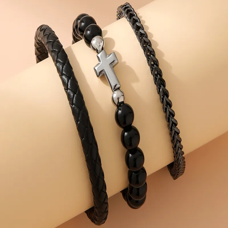 men's multi-layered black bracelet stack - Image 2