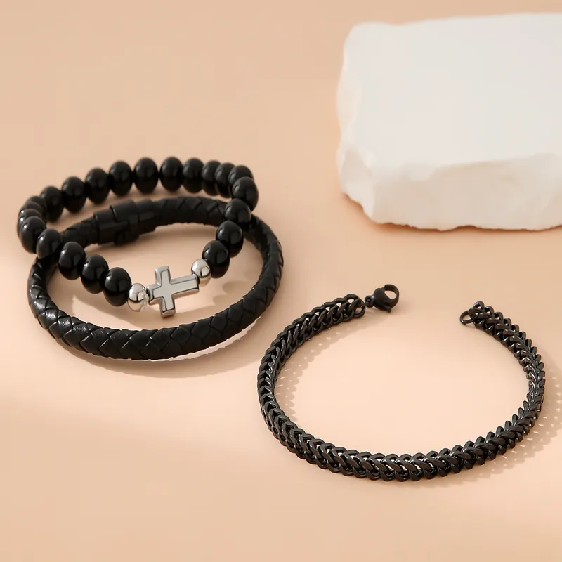men's multi-layered black bracelet stack