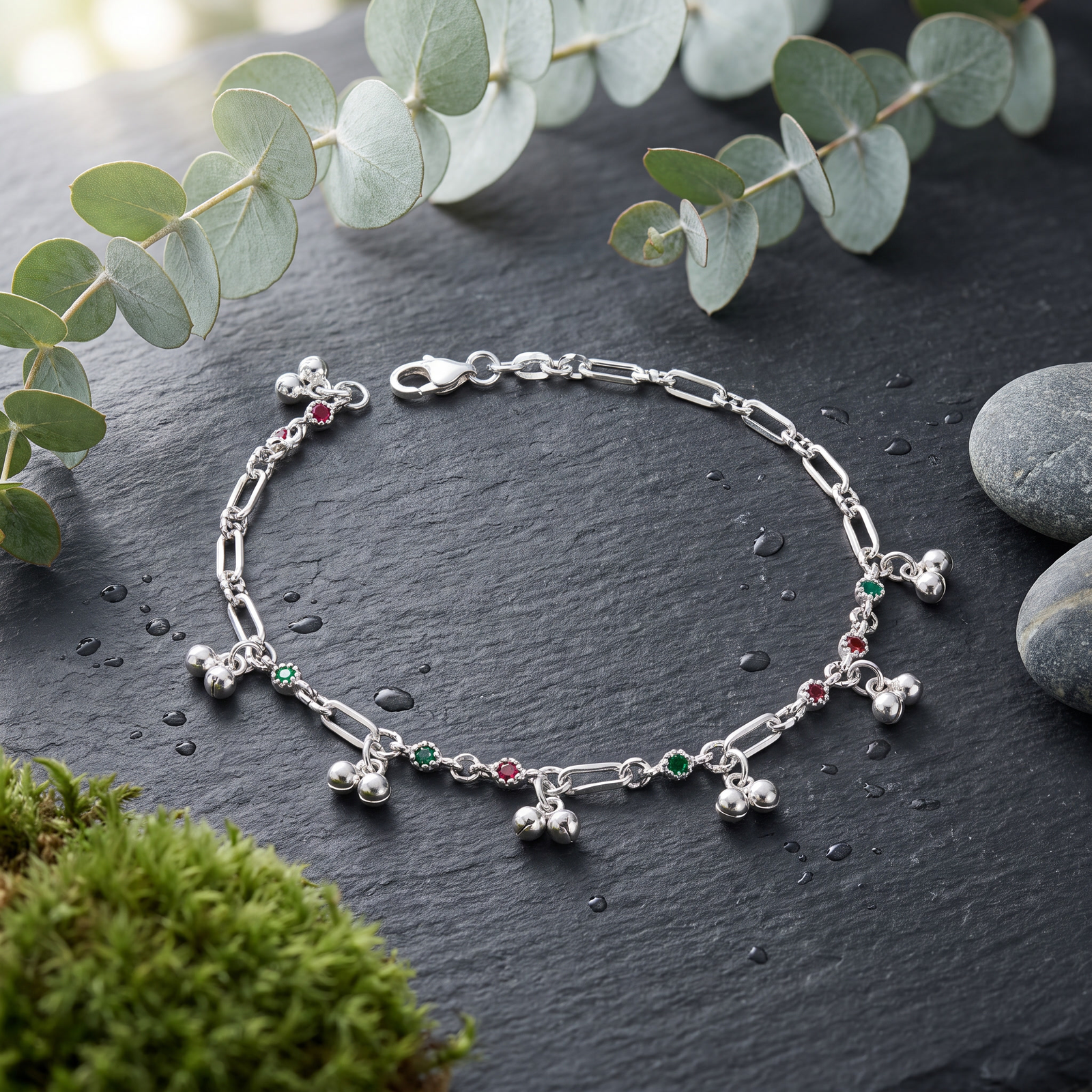 925 Sterling Silver Link Anklet with Red and Green Stones (Pair)