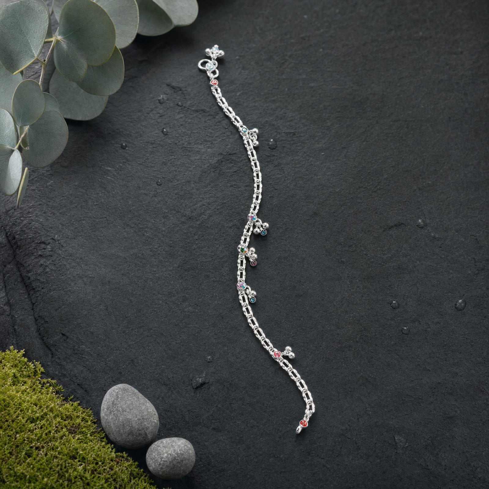 Silver Anklet with Colorful Gemstones and Hanging Charms (Pair)